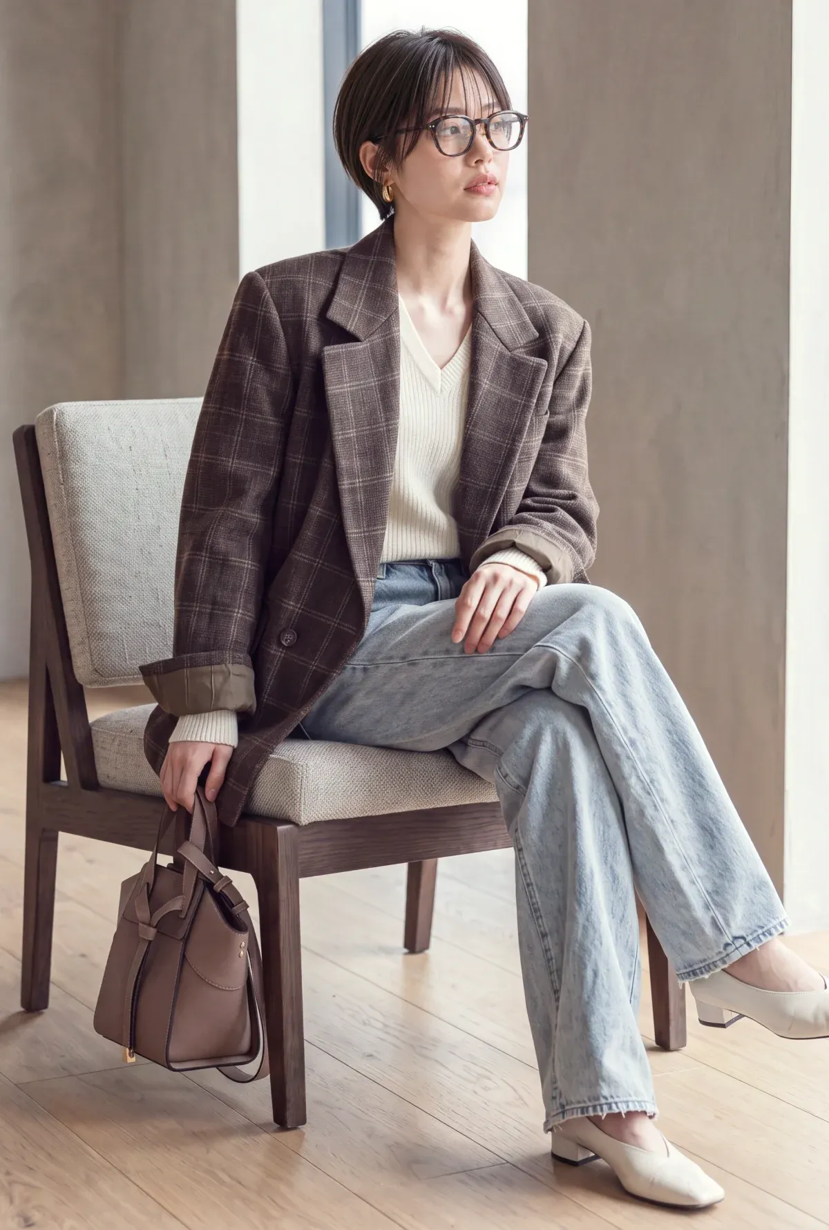 粗框玳瑁紋眼鏡 × CHECKED TAILORED JACKET