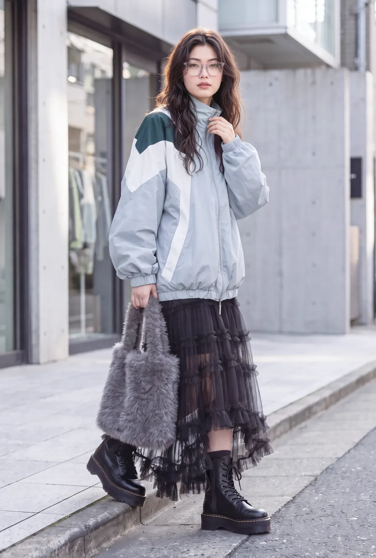 透明威靈頓框眼鏡 × COLOR-BLOCK JACKET