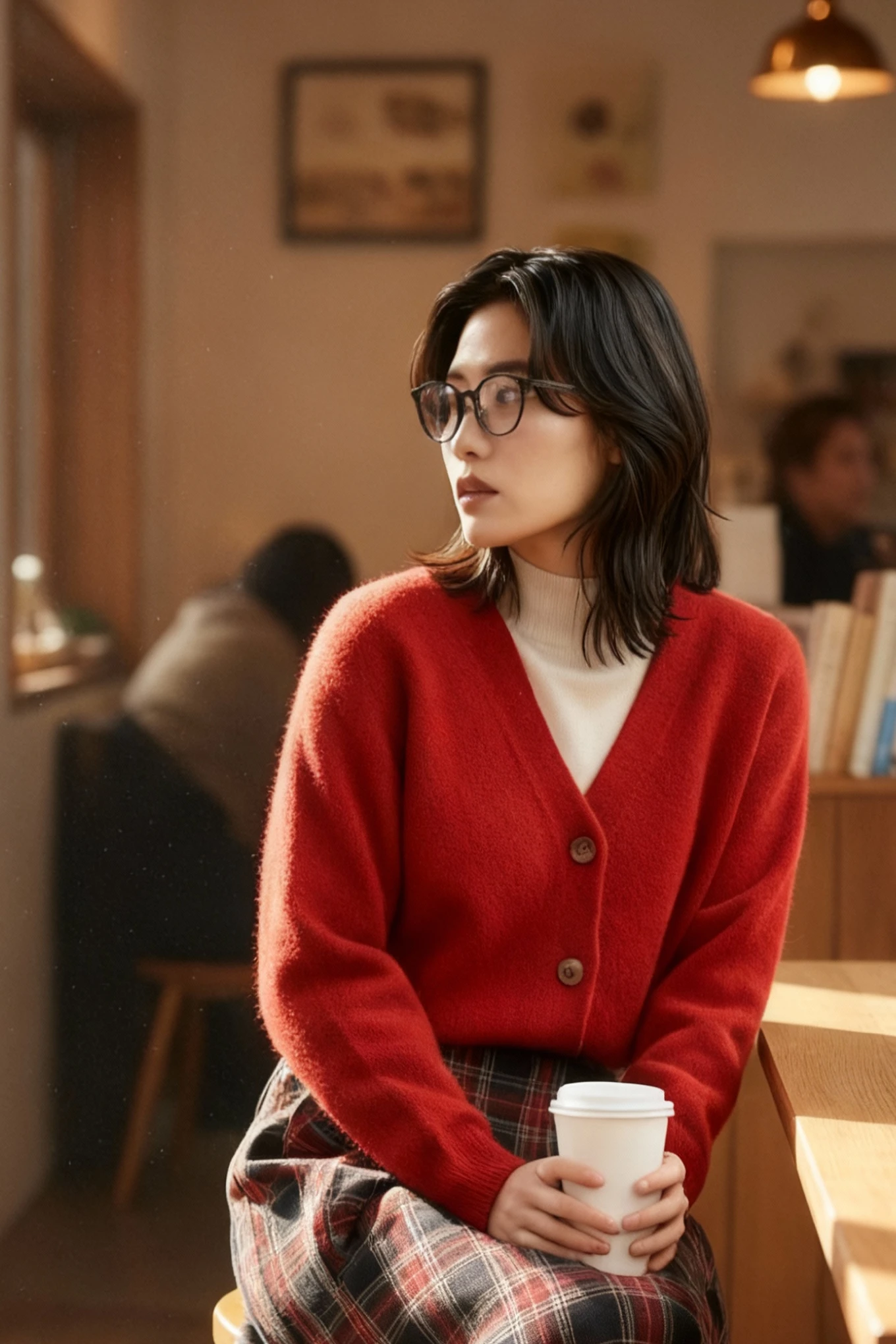 太めリムメガネ & Red Cardigan