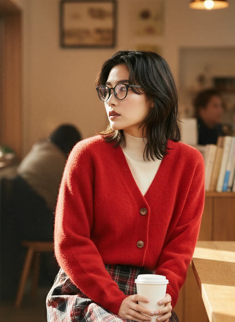 太めリムメガネ & Red Cardigan
