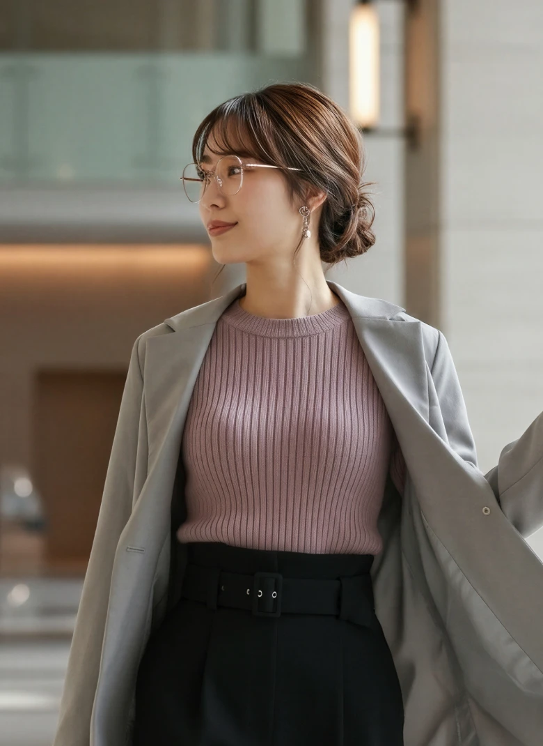 大きめコンビフレームメガネ & Smoky Pink Styling